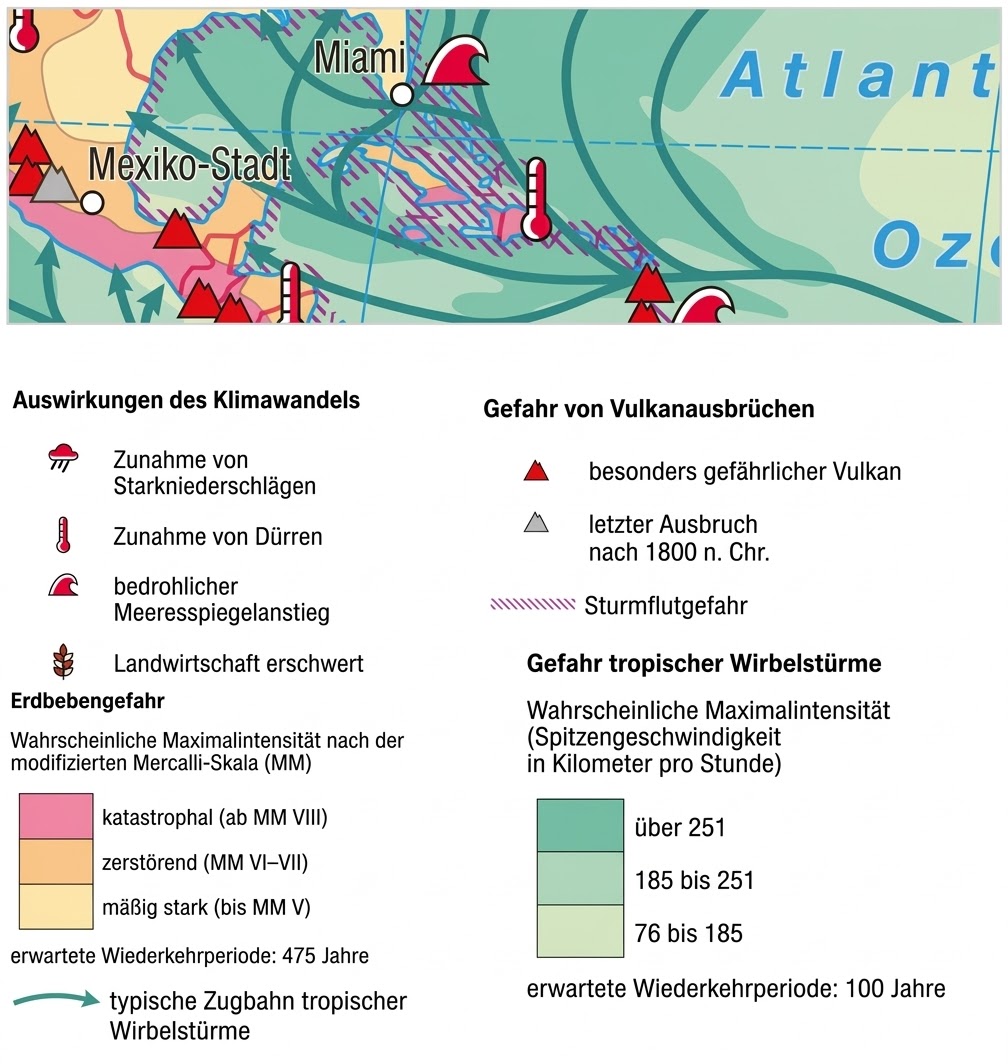 Legende und Kartenausschnitt zu Klimaauswirkungen, Vulkan-, Erdbeben- und Wirbelsturmgefahr mit Symbolen und Farbskalen.